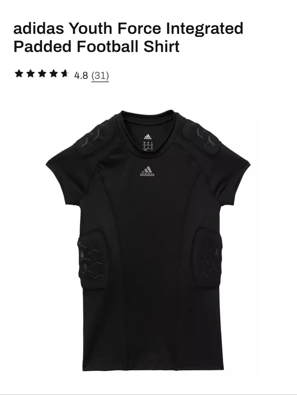 Adidas Youth Force Integrated Padded Football Shirt NWOT Black Medium